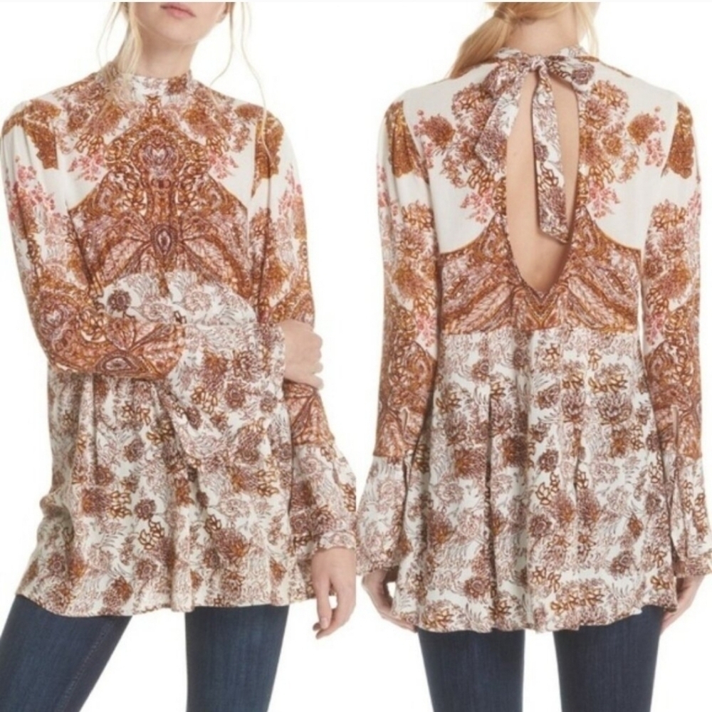 Free People White and Rust Paisley Print Long Sleeve Tunic